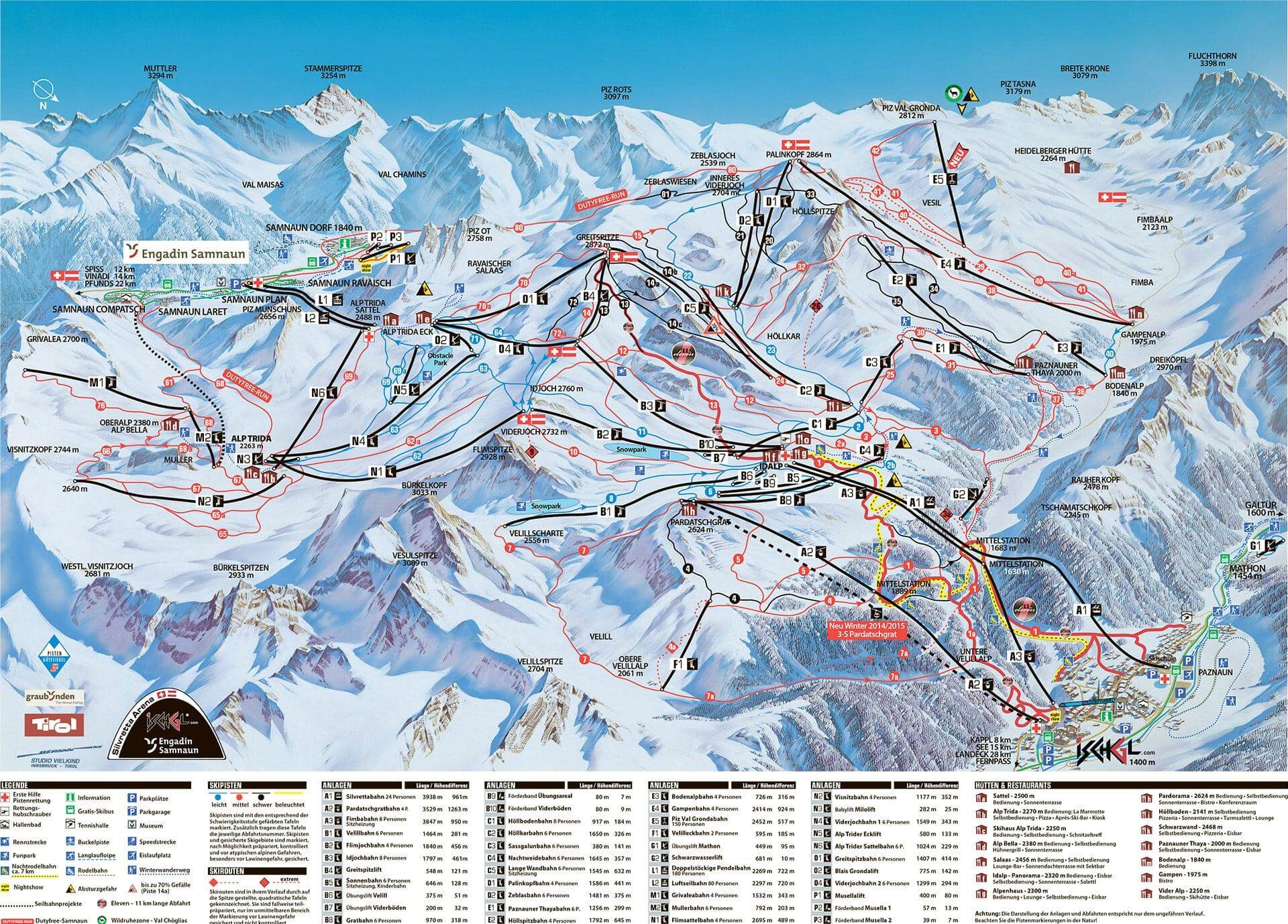 Схема спусков на горнолыжном курорте Ишгль, Австрия